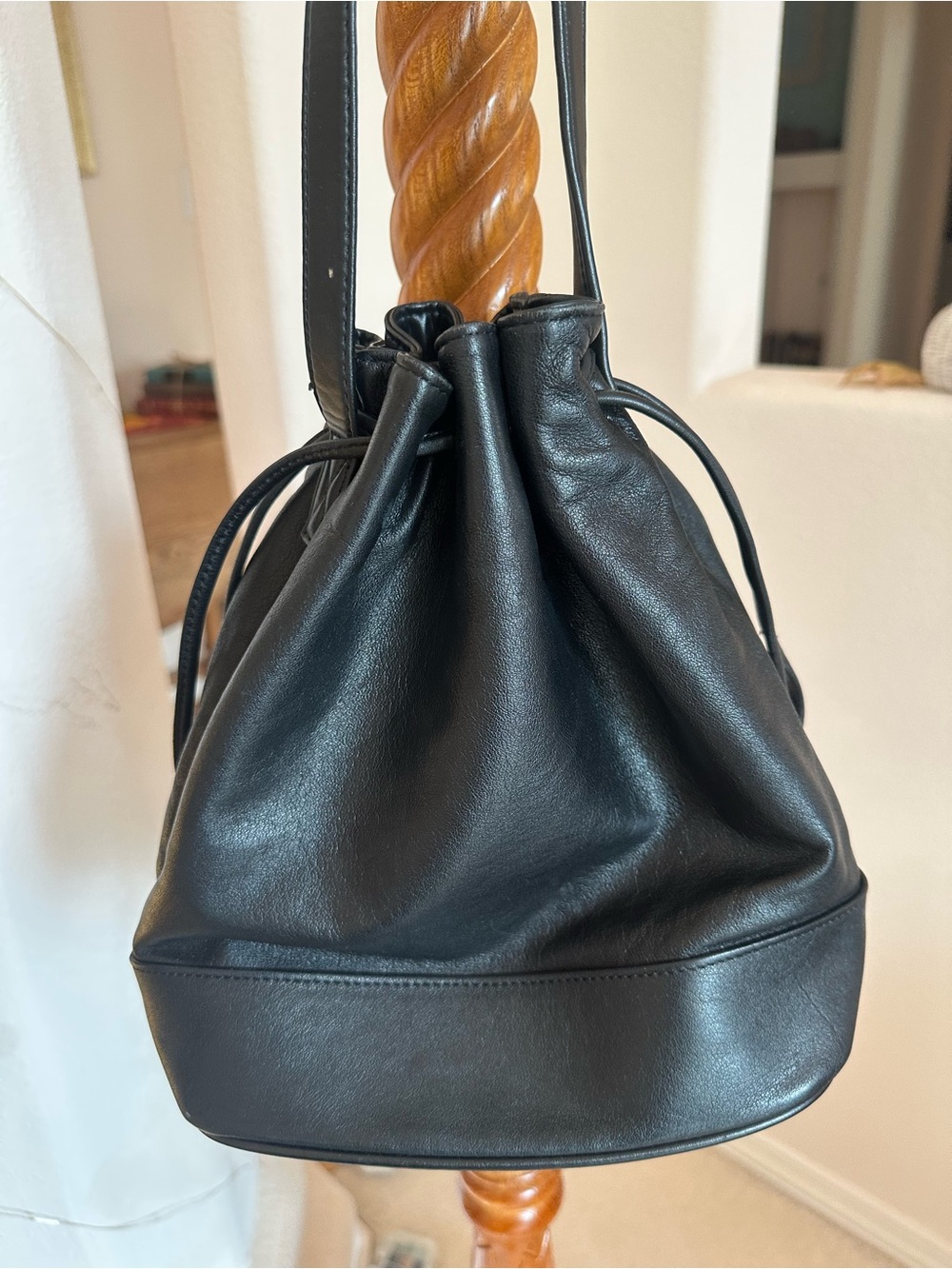 Minimalist Black Leather Drawstring Mini Bag